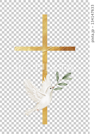 Gold cross with a white dove holding olive branch, wings extended, watercolor style, symbolizing faith, hope, and peace, religious event, sympathy card, church announcement, or Easter design project. 134147633