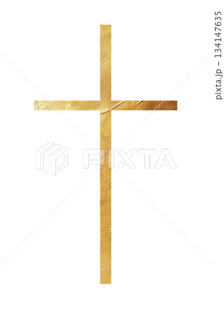 Classic Christian golden cross, strong vertical and horizontal bars, symbolizing faith, eternity, divinity, graphic for religious design projects, church materials, greeting cards, Easter art. 134147635