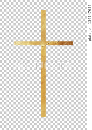 Classic Christian golden cross, strong vertical and horizontal bars, symbolizing faith, eternity, divinity, graphic for religious design projects, church materials, greeting cards, Easter art. 134147635
