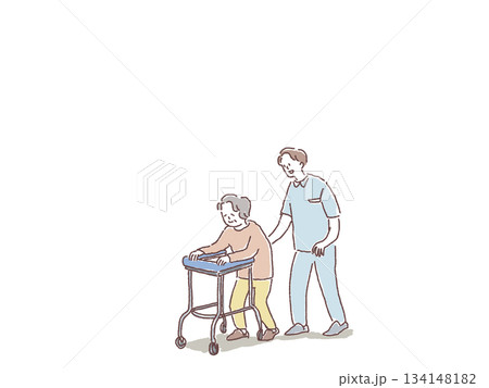 歩行器で歩く高齢女性と付き添う男性（看護師、理学療法士、介護福祉士） 134148182