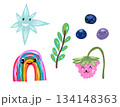 Naive children's illustrations with elements of nature. Berries, rainbow, leaf, star. 134148363