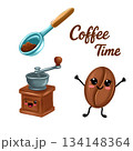 Cartoon coffee illustrations. Coffee grinder, coffee bean, measuring spoon. Lettering for a card. 134148364