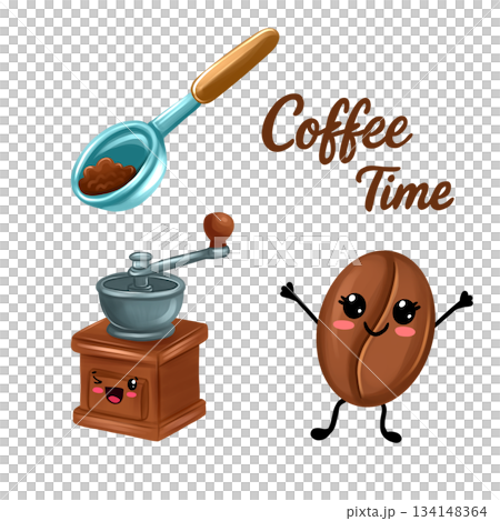 Cartoon coffee illustrations. Coffee grinder, coffee bean, measuring spoon. Lettering for a card. Cartoon coffee illustrations. Coffee grinder, coffee bean, measuring spoon. Lettering for a card. 134148364