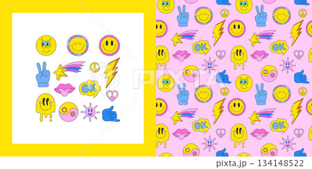 Retro sticker happy funny cartoon set seamless pattern psychedelic cool hippie style vector sticker 134148522