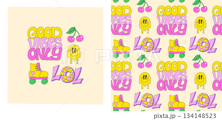 Retro sticker happy funny cartoon set seamless pattern psychedelic cool hippie style vector sticker 134148523