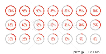 Red progress bars. Template of red and gray color fill pie charts indicator. Round percentage infographic. Round graph loading progress set. Diagrams icons for infographics from 0 to 100 percent. 134148535