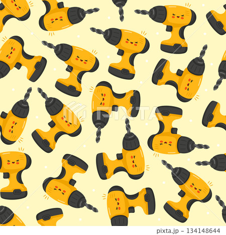Yellow cartoon drill tools seamless pattern background 134148644