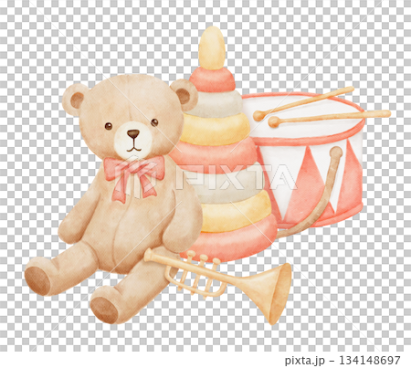 Vintage teddy bear, drum and trumpet, hand drawn watercolor pastel illustration isolated on white background 134148697