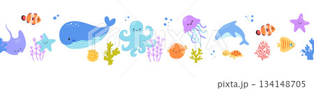 Seamless border with cute sea animals. Vector childish flat illustrations for kids Seamless border with cute sea animals. Vector childish flat illustrations for kids 134148705