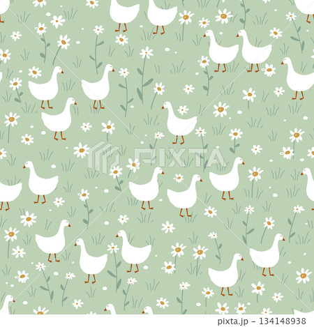 Vector seamless pattern with cute geese in the daisy flower grass. Beautiful background design for baby prints. Vector illustration. Vector seamless pattern with cute geese in the daisy flower grass. Beautiful background design for baby prints. Vector illustration. 134148938