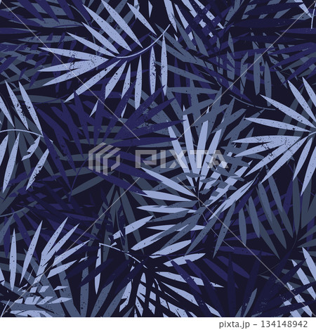 Tropical floral leaves seamless pattern, blue color on a black jungle background. Stylish artistic design for floral print and modern wallpaper Tropical floral leaves seamless pattern, blue color on a black jungle background. Stylish artistic design for floral print and modern wallpaper 134148942