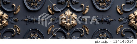This decorative surface features a lavish pattern with detailed floral motifs and swirling designs. The dark backdrop enhances the gold and bronze accents, creating an opulent feel 134149014