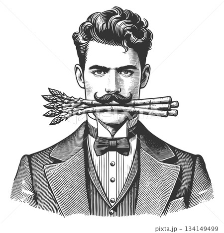 Man Holding Asparagus in Mouth sketch vector 134149499