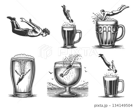 Man Diving into Beer engraving raster collection 134149504
