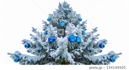 A frosted blue Christmas tree with glossy ornaments and warm lights creates a serene, festive mood perfect for holiday catalogs, seasonal promotions, or home decor collections. 134149505