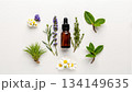 白背景のエッセンシャルオイル滴下瓶とハーブ・花素材のフラットレイ 134149635