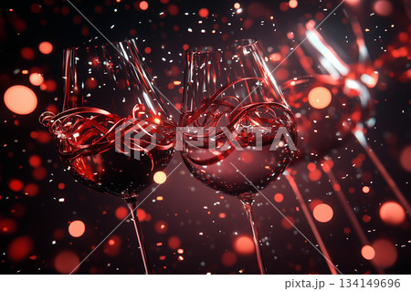 An Elegant Toast featuring Red Wine Glasses beautifully arranged on a Festive Background 134149696