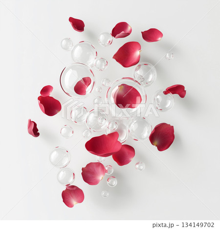 A Beautiful Arrangement of Delicate Rose Petals with Bubbles Set Against a White Background 134149702