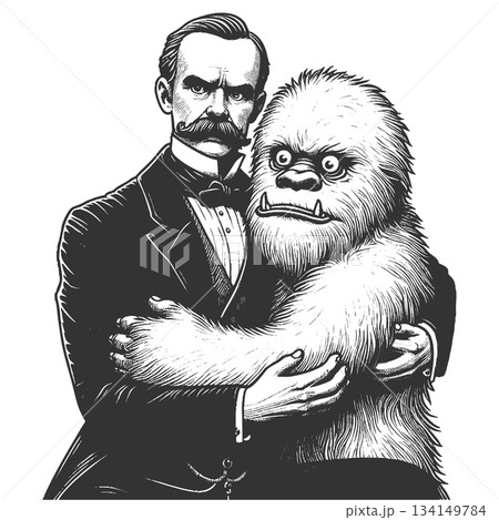 Gentleman Hugging Yeti Furry Monster vector 134149784