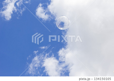 Soap bubble floating in the blue sky with white clouds, freedom and celebration 134150105