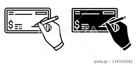 Linear icon. Bank employee hand signing a bank check for a loan. Simple vector isolated on white background 134150382