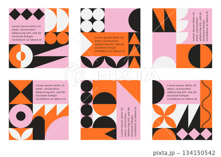 Set of colourful poster with geometric shape and line set. abstract elements pattern, design line art, trendy style. Bauhaus illustration with circle, square, triangle. design for cards, invitation Set of colourful poster with geometric shape and line set. abstract elements pattern, design line art, trendy style. Bauhaus illustration with circle, square, triangle. design for cards, invitation 134150542