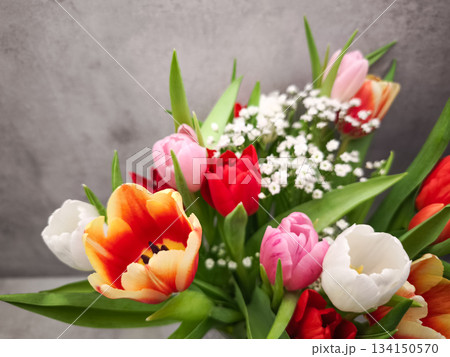 Vibrant bouquet of tulips in various colors, adorned with baby's breath, creating a romantic valentine's day setting in prague Vibrant bouquet of tulips in various colors, adorned with baby's breath, creating a romantic valentine's day setting in prague 134150570