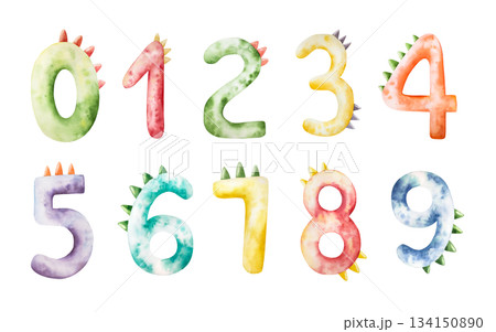 Cute dinosaur numbers. Watercolor hand drawn prehistoric illustration for invitation card, nursery poster. Sketch on transparent background. Perfect for for nursery and baby shower, tropical design Cute dinosaur numbers. Watercolor hand drawn prehistoric illustration for invitation card, nursery poster. Sketch on transparent background. Perfect for for nursery and baby shower, tropical design 134150890