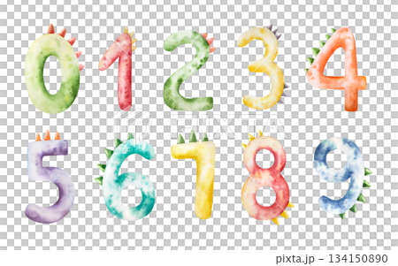 Cute dinosaur numbers. Watercolor hand drawn prehistoric illustration for invitation card, nursery poster. Sketch on transparent background. Perfect for for nursery and baby shower, tropical design 134150890