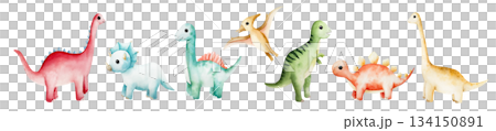 Cute dinosaur set. Watercolor hand drawn prehistoric triceratops, diplodocus,Spinosaurus, Brachiosaurus animal. Isolated illustration on transparent background. Perfect for for nursery and baby shower Cute dinosaur set. Watercolor hand drawn prehistoric triceratops, diplodocus,Spinosaurus, Brachiosaurus animal. Isolated illustration on transparent background. Perfect for for nursery and baby shower 134150891