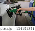 Close up of person refueling a car at a gas station using a green fuel nozzle. Concept of transportation, energy, travel readiness, routine, technology, and modern lifestyle. 134151251