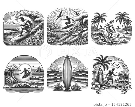 Surfing engraving set vector collection 134151263