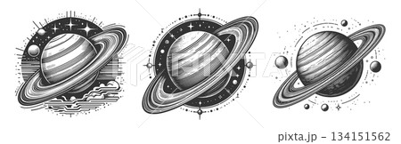 Saturn Planet engraving set raster collection 134151562