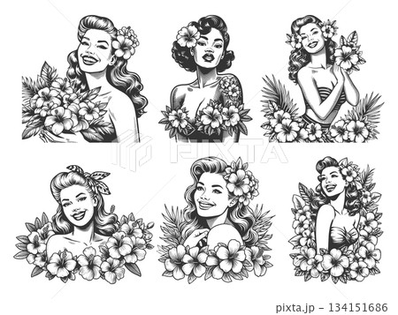 Pin-Up Girls with Tropical Flowers set vector Pin-Up Girls with Tropical Flowers set vector 134151686