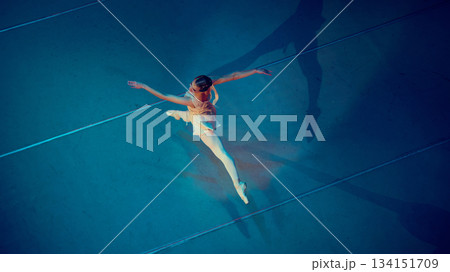 Ballerina captured mid-jump in elongated split. Ballerina captured mid-jump in elongated split. 134151709