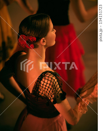 Dancer with red floral hairpiece framed in warm stage light. Dancer with red floral hairpiece framed in warm stage light. 134151723