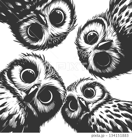 Curious Owls Looking Down engraving sketch vector 134151883