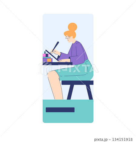 Woman Student Character at Tablet Engaged in Online Education and Study Vector Illustration Woman Student Character at Tablet Engaged in Online Education and Study Vector Illustration 134151918
