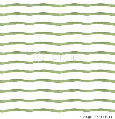 Fluid abstract pattern of wavy horizontal brushstrokes in green color watercolor seamless pattern on isolated background. Hand painted rippled lines ornate for seasonal spring designs, textile print. 134151944