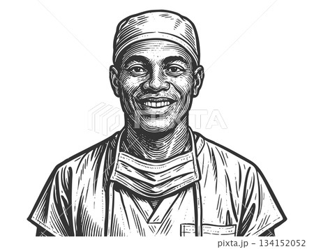 Smiling Surgeon in Scrubs engraving sketch vector 134152052