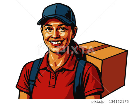 Smiling Delivery Woman Holding Package vector Smiling Delivery Woman Holding Package vector 134152176