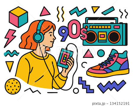 90s Retro Style Icons and Girl Listening to Music 90s Retro Style Icons and Girl Listening to Music 134152191