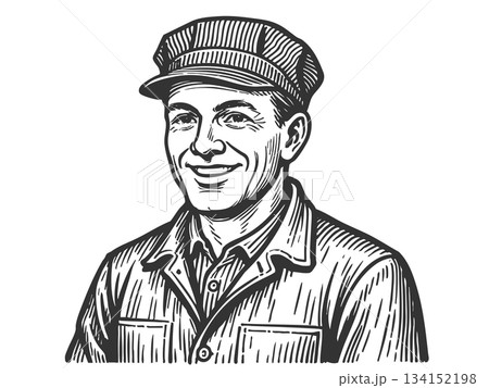 Smiling Train Operator engraving sketch vector 134152198