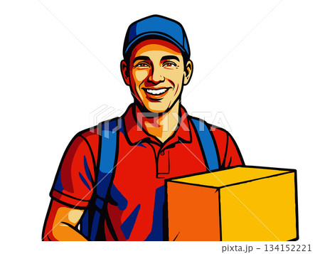 Smiling Delivery Man Holding Package vector Smiling Delivery Man Holding Package vector 134152221