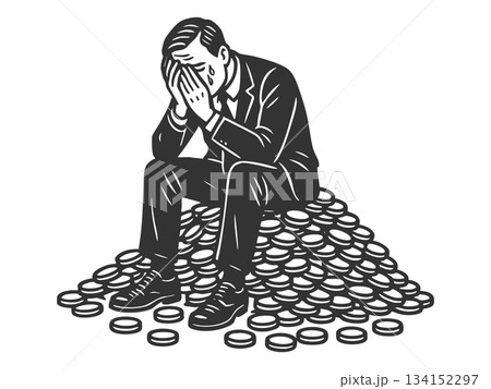 Wealthy Man Crying Pile of Money engraving vector 134152297