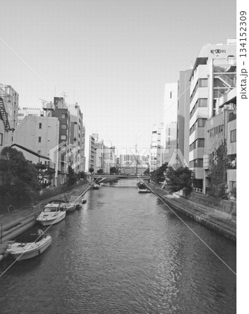 橋から眺める東京スカイツリーと水辺の風景。イラスト風の写真。 橋から眺める東京スカイツリーと水辺の風景。イラスト風の写真。 134152309