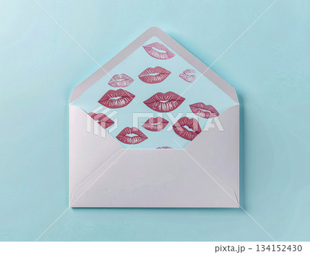 Floating Mail Correspondence. Post envelope with cute red kisses decoration. Valentine's Day concept. Floating Mail Correspondence. Post envelope with cute red kisses decoration. Valentine's Day concept. 134152430