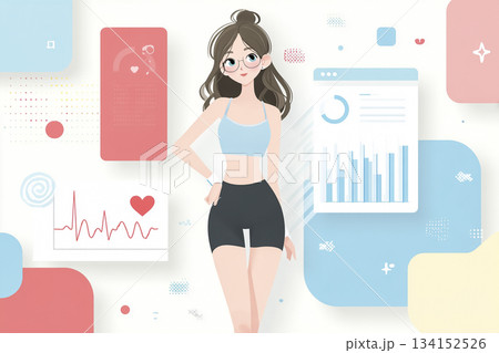 美優シリーズ：健康管理を可視化する若い女性／フィットネス・データ・インフォグラフィック 134152526