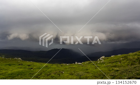 Wide summer mountain panorama before thunderstorm. Dark rain clouds low over green grassy rocky valley and distant mountain range covered with dense ever-green forest. Beauty of nature concept. Wide summer mountain panorama before thunderstorm. Dark rain clouds low over green grassy rocky valley and distant mountain range covered with dense ever-green forest. Beauty of nature concept. 134152670