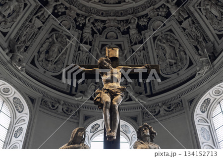 Interior view High Cathedral ceiling Saint Peter german Trier Dome. Architecture detail ornament sculptures angels saints ornate floral motifs radial composition. Interior view High Cathedral ceiling Saint Peter german Trier Dome. Architecture detail ornament sculptures angels saints ornate floral motifs radial composition. 134152713